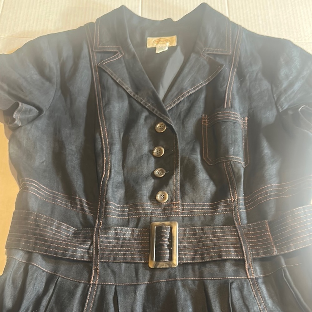 Talbots below the knee Black Dress w copper stitching look pockets button down - Picture 4 of 16